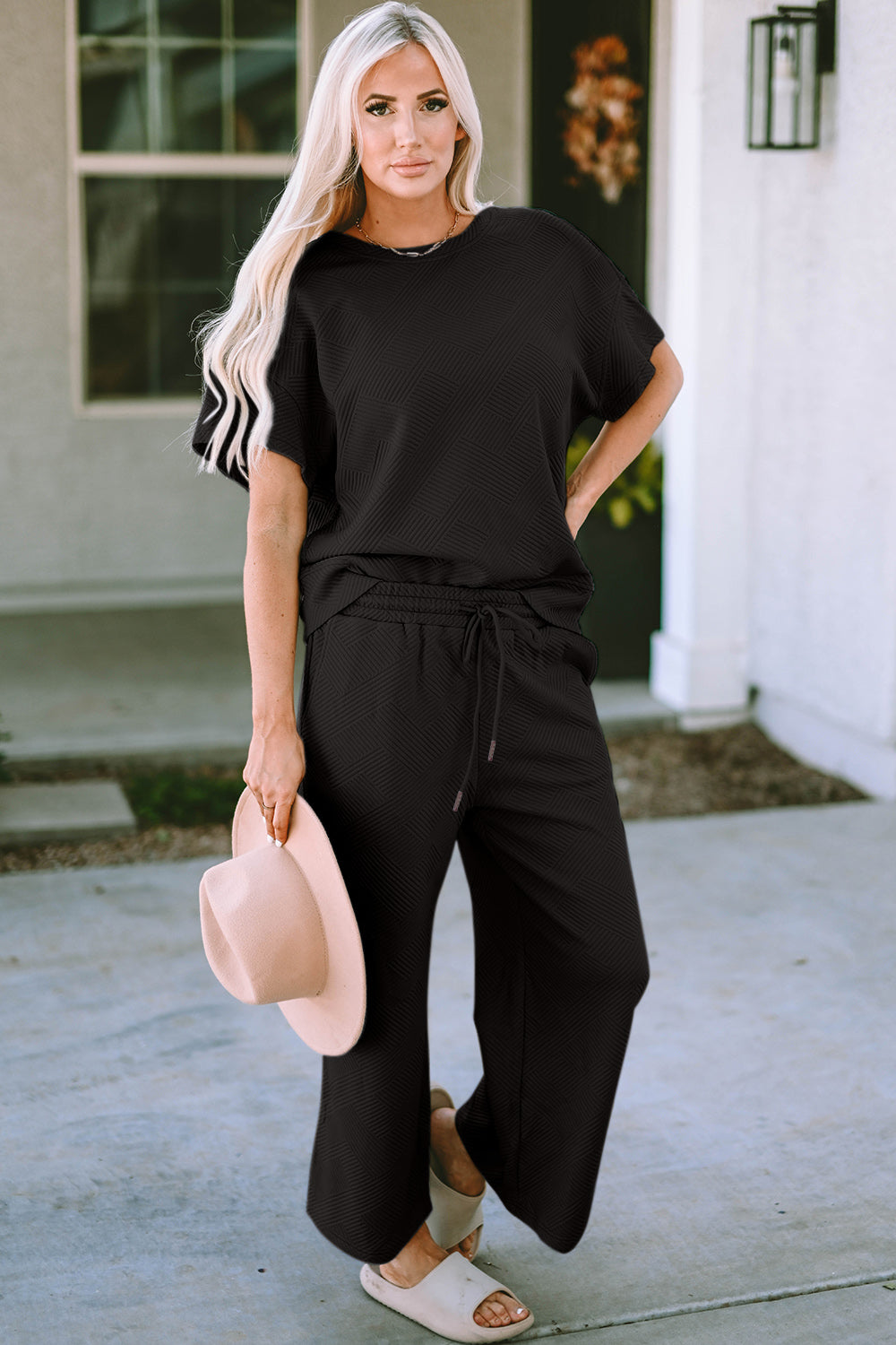 Double Take Texture Set - Full Size Short Sleeve Top and Pants Set