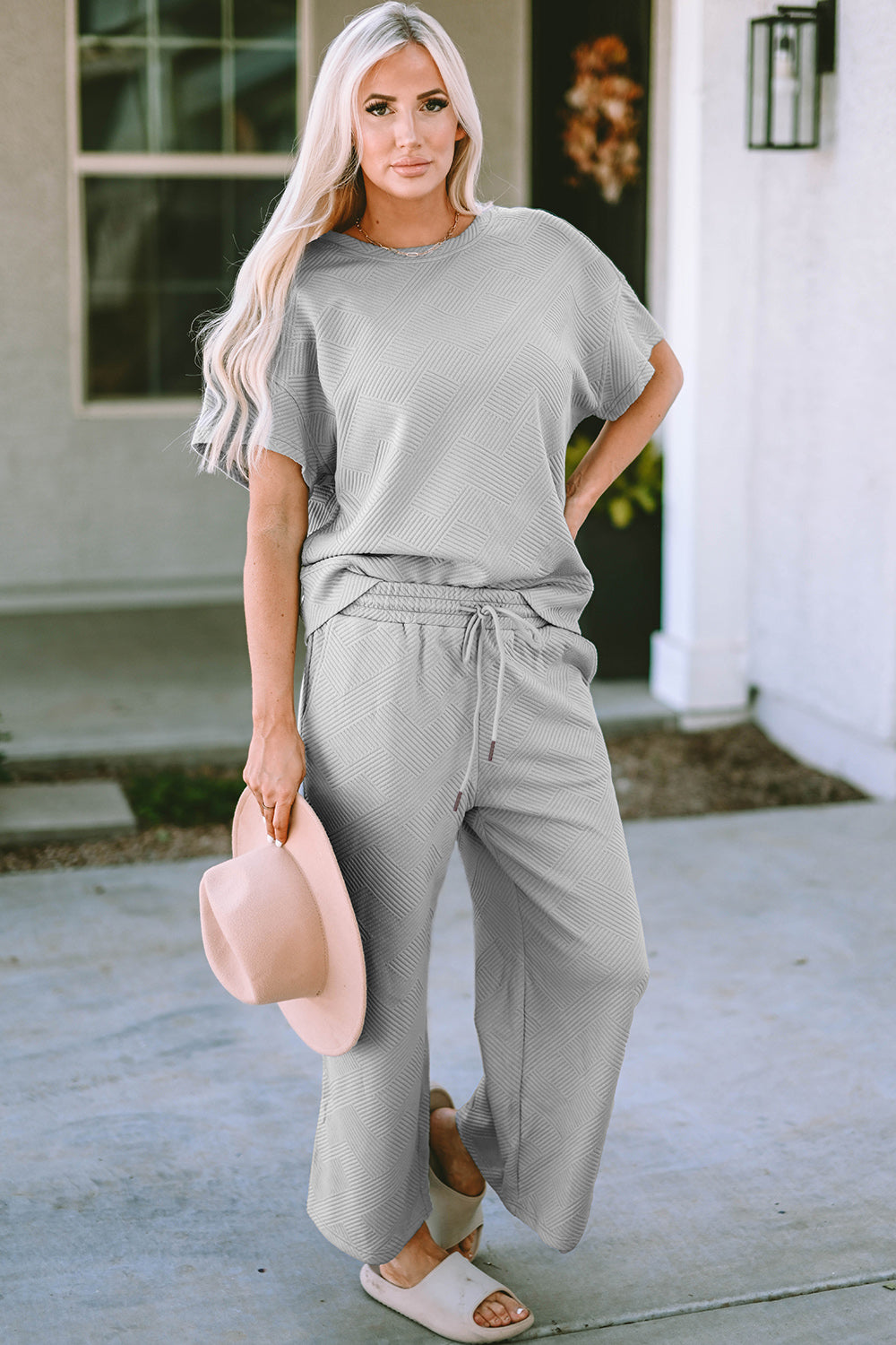 Double Take Texture Set - Full Size Short Sleeve Top and Pants Set