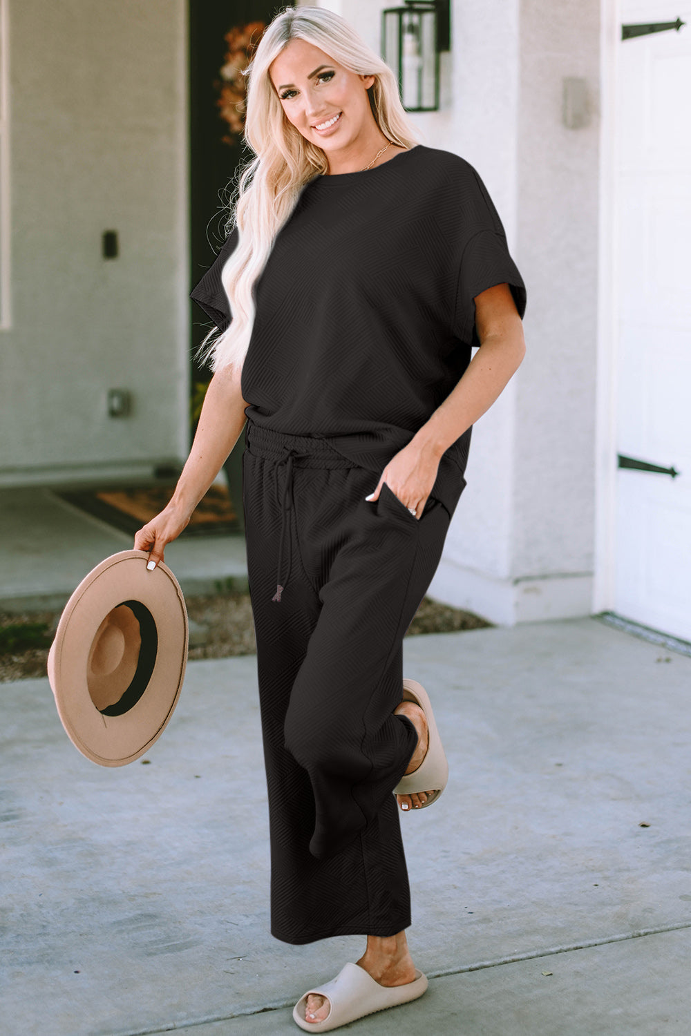 Double Take Texture Set - Full Size Short Sleeve Top and Pants Set